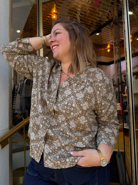 Blouse imprimé paisley kaki col volanté