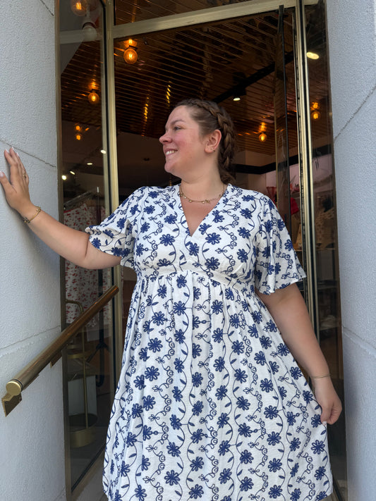 Robe Blanche Imprimé Floral Bleu
