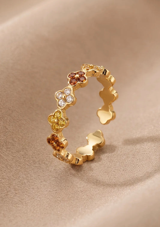 Bague ajustable trèfles strass ambre et marron dorée – Acier inoxydable