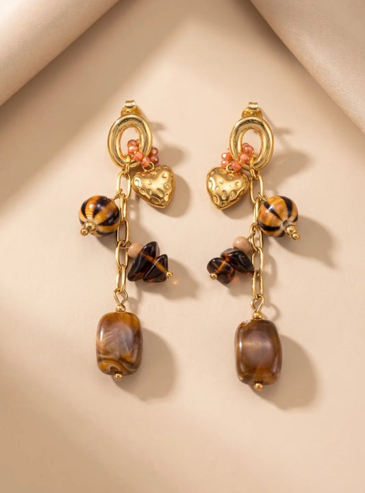 Boucles d'oreilles pendantes pierre brun