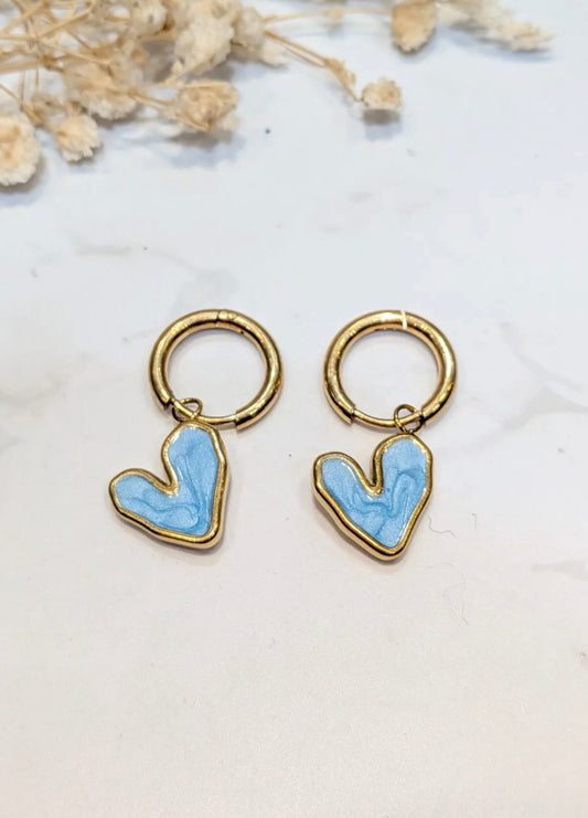 Boucles d'Oreilles Créoles Cœur Émail bleu - Acier Inoxydable