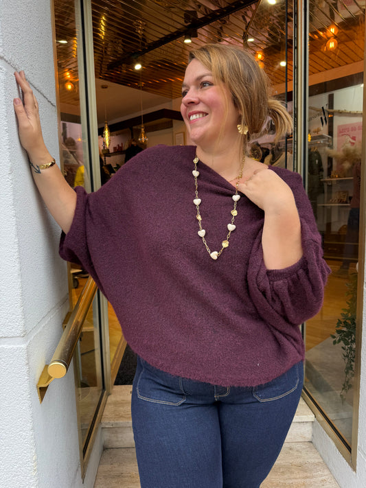 Pull oversize manches chauve-souris prune