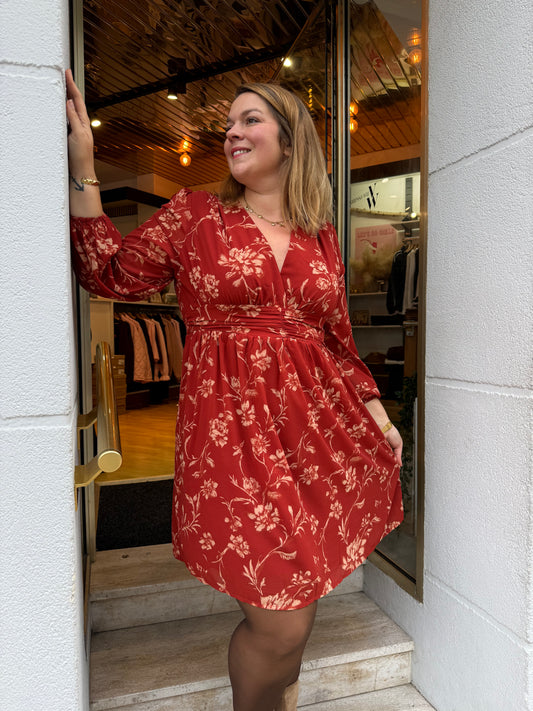 Robe décolleté V fleurie terracotta