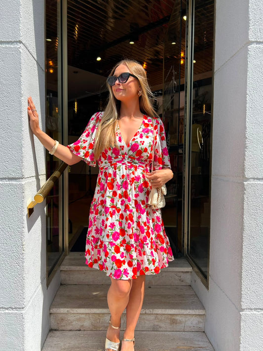 Robe fleurie manches courtes taille smockée