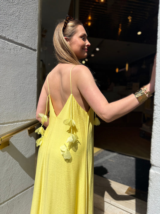 Robe Longue Bretelles Pompons Dos Nu - Jaune