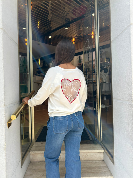 Pull cœur dentelle dos ivoire
