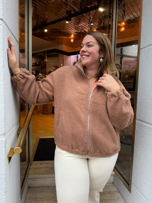 Veste polaire teddy zippée noisette