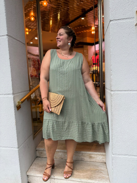 Robe débardeur viscose rayures kaki — Volant bas | Grande Taille 46-52