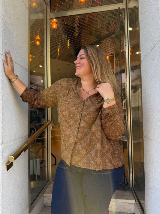 Blouse imprimé paisley caramel col volanté