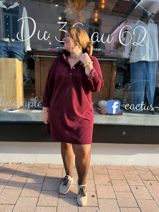 Robe chemise velours côtelé bordeaux