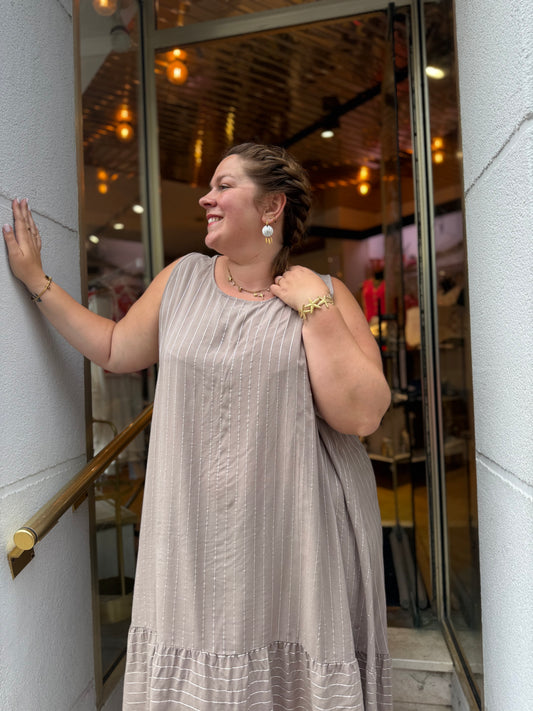 Robe débardeur viscose rayures taupe — Volant bas | Grande Taille 46-52
