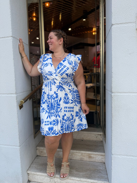 Robe Florale Bleue Volants Col V