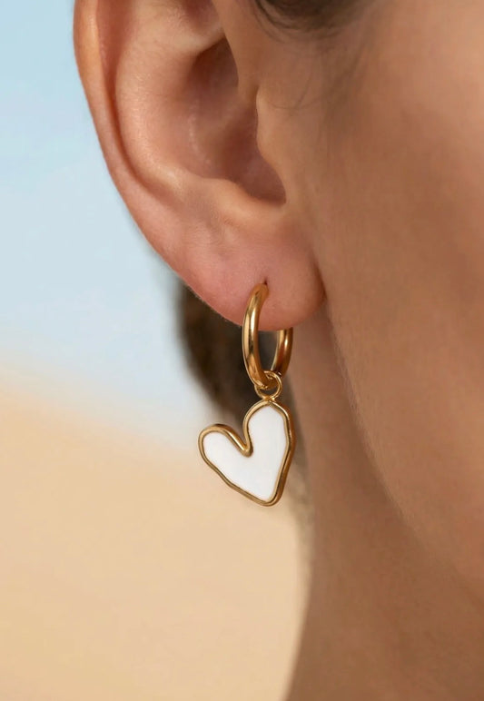Boucles d'Oreilles Créoles Cœur Émail Blanc - Acier Inoxydable