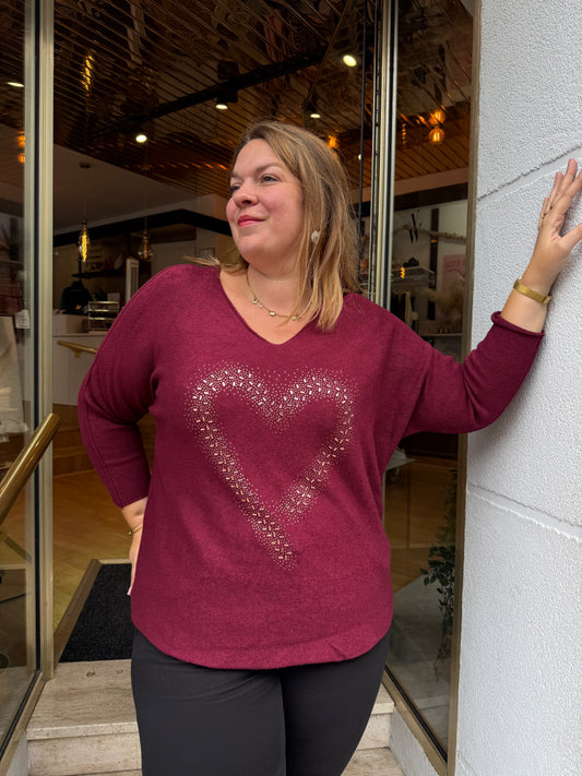 Pull Cœur Strass Bordeaux