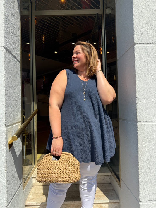 Débardeur long gaze de coton bleu marine Col V | Grande Taille 46-54