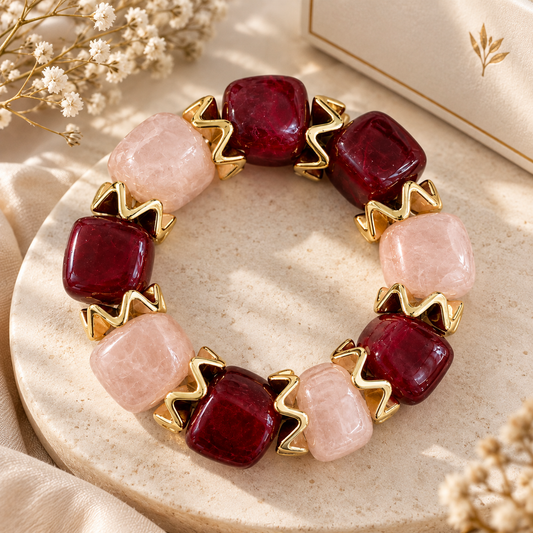 Bracelet élastique perles bordeaux et rose