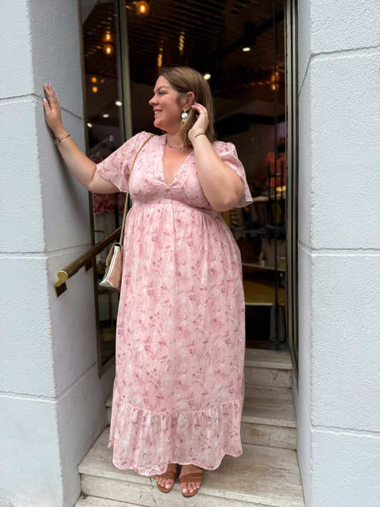Robe Rosalie - Longue imprimé fleuri rose et lurex