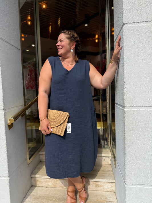 Robe longue gaze de coton bleu marine Col V Grande Taille 44-50