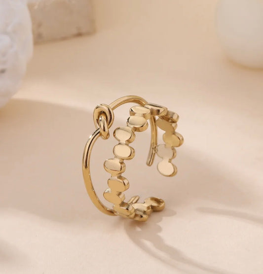 Bague double anneau nœud et pastilles dorée – Acier inoxydable