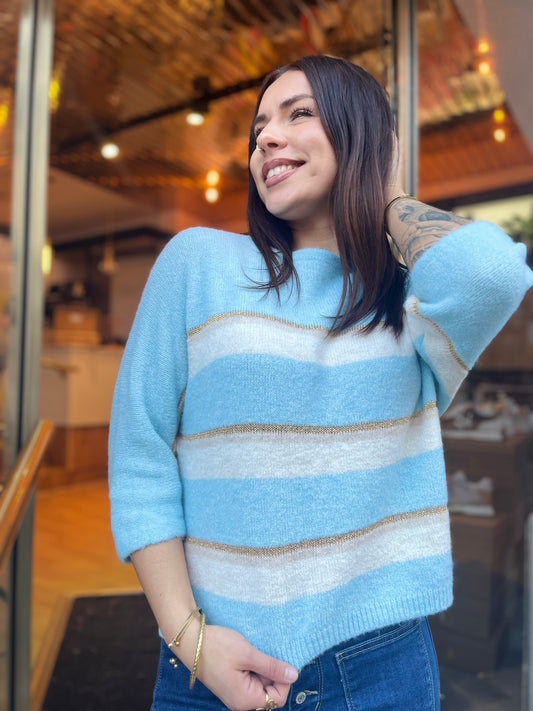 Pull rayé bleu doré