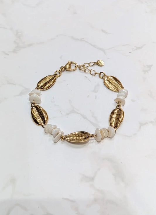 Bracelet Cauri & Pierres Blanches Doré - Acier Inoxydable