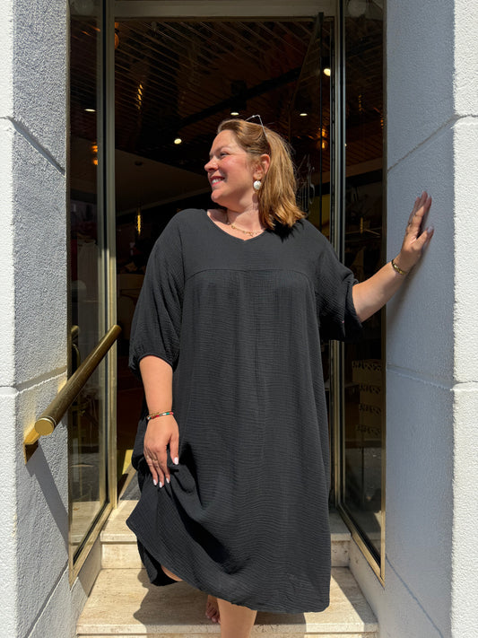 Robe midi gaze de coton noire — Manches bouffantes | Grande Taille 46-56