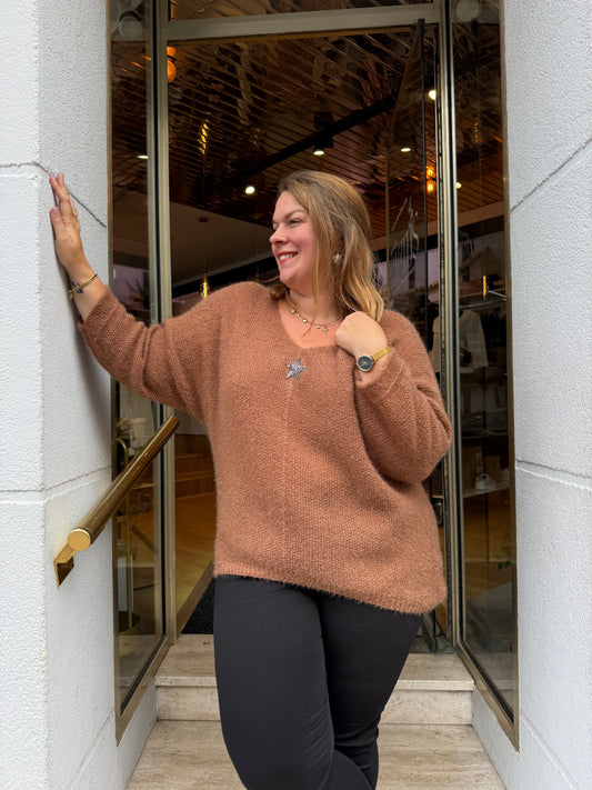 Pull doux étoile strass camel
