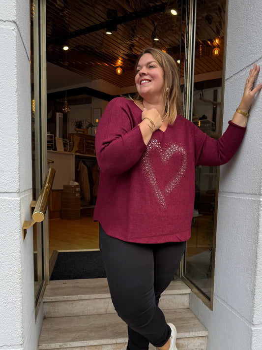 Pull Cœur Strass Bordeaux