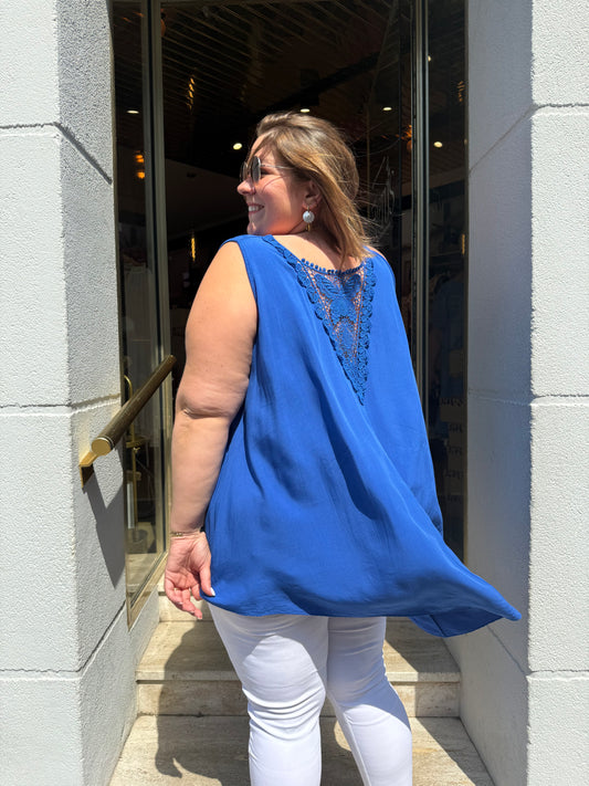 Débardeur viscose bleu roi — Dentelle dos papillon | Grande Taille 44-54