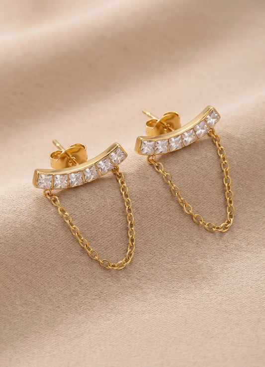 Boucles d'oreilles barrette strass et chaîne dorées – Acier inoxydable