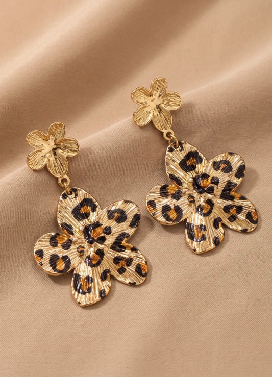 Boucles d'oreilles pendantes fleur léopard dorées – Acier inoxydable