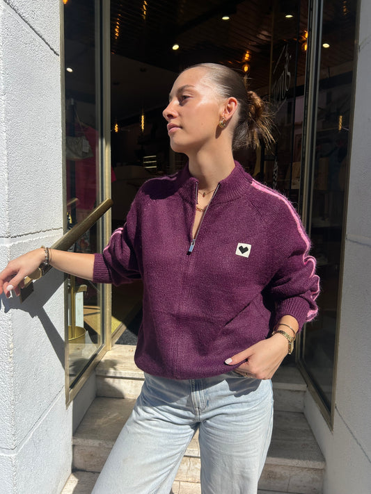 Gilet zippé cœur prune