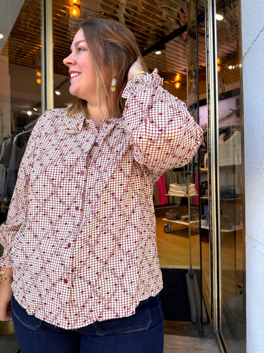 Blouse vichy bordeaux à fleurs brodées