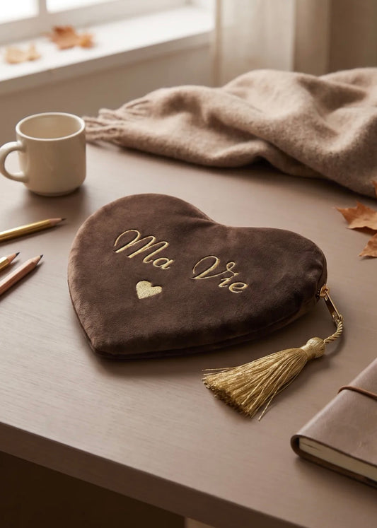 Pochette cœur velours brodée « Ma Vie » chocolat