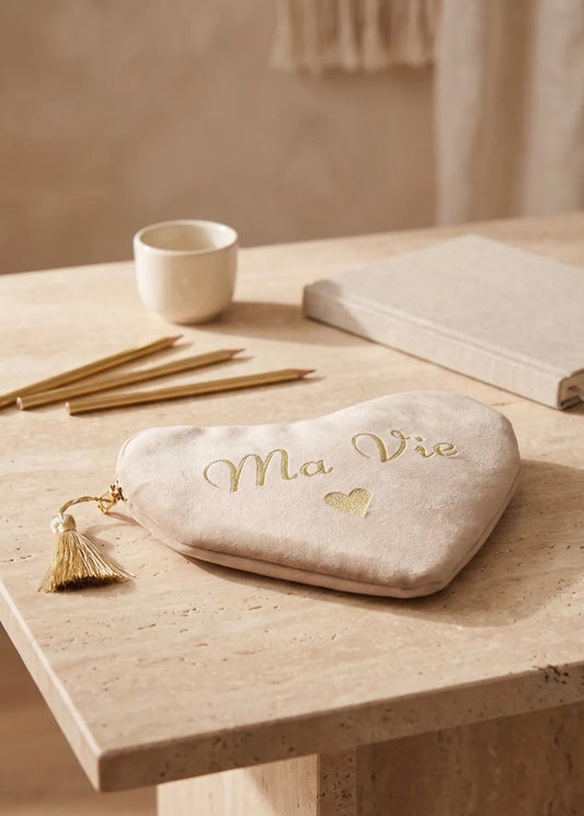Pochette cœur velours brodée « Ma Vie » beige