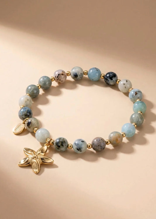 Bracelet élastique perles marbrées bleu-gris et étoile de mer – Acier inoxydable
