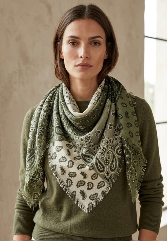 Grand foulard carré patchwork paisley kaki