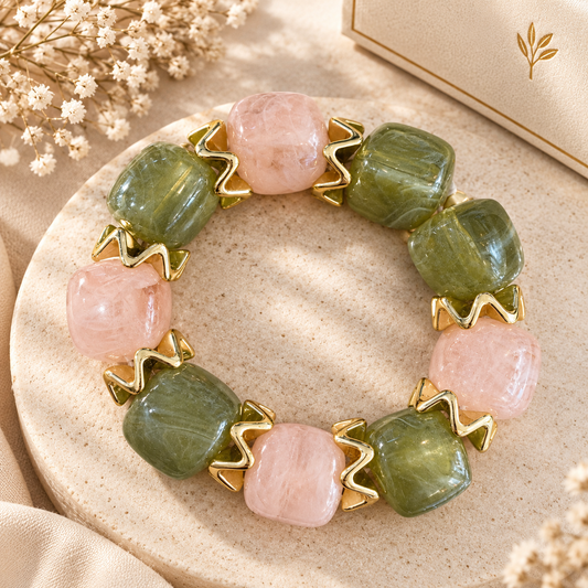 Bracelet élastique perles kaki et rose