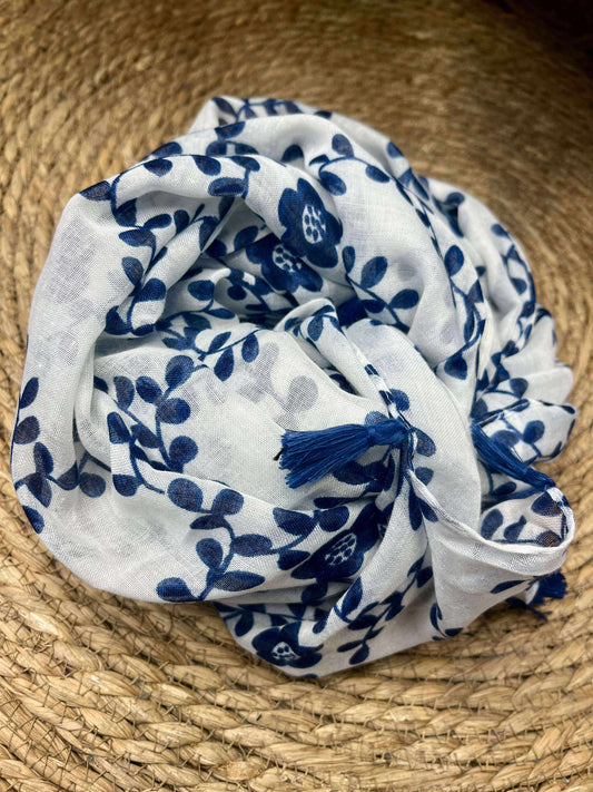 Foulard Bleu Blanc Pompons