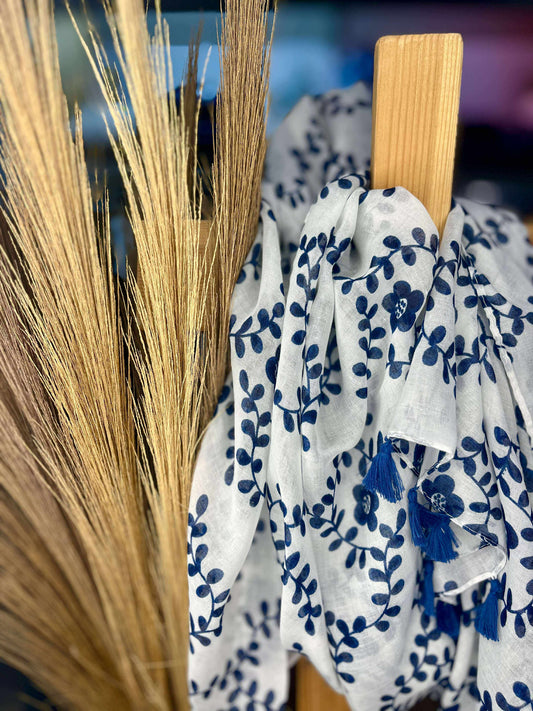 Foulard Bleu Blanc Pompons