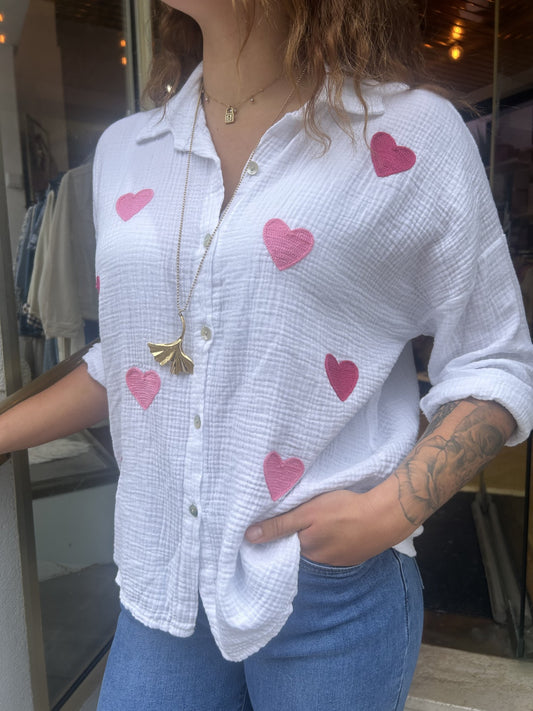 Chemise en gaze de coton coeur rose